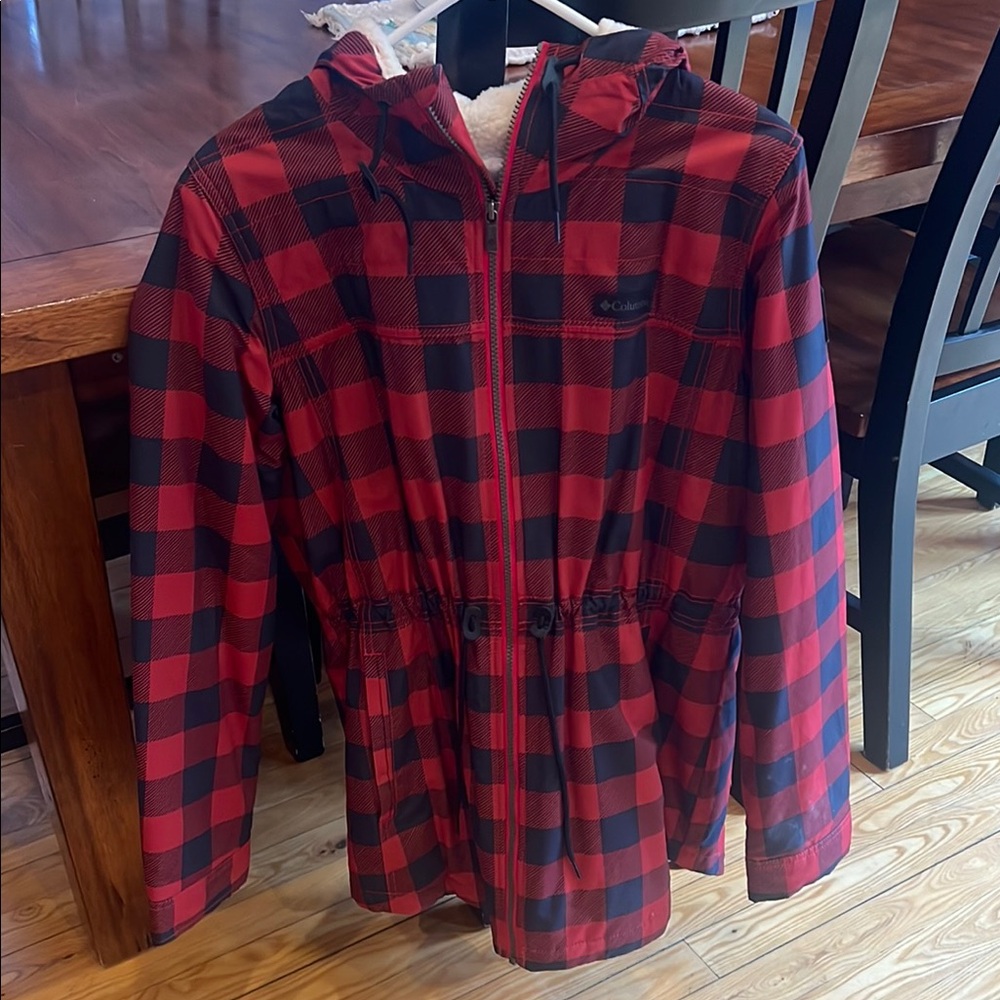Columbia Red and Black Raincoat with Hood and Zipper Closure